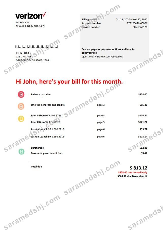 USA Verizon telecommunications utility bill template in Word and PDF format